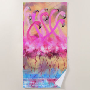 Pink Flamingos Love Dance - Original Art Painting Beach Towel