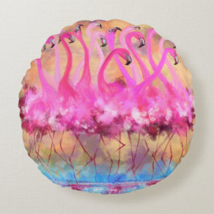 Pink Flamingos Love Dance - Original Art Painting Round Cushion