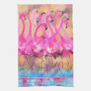 Pink Flamingos Love Dance - Original Art Painting Tea Towel