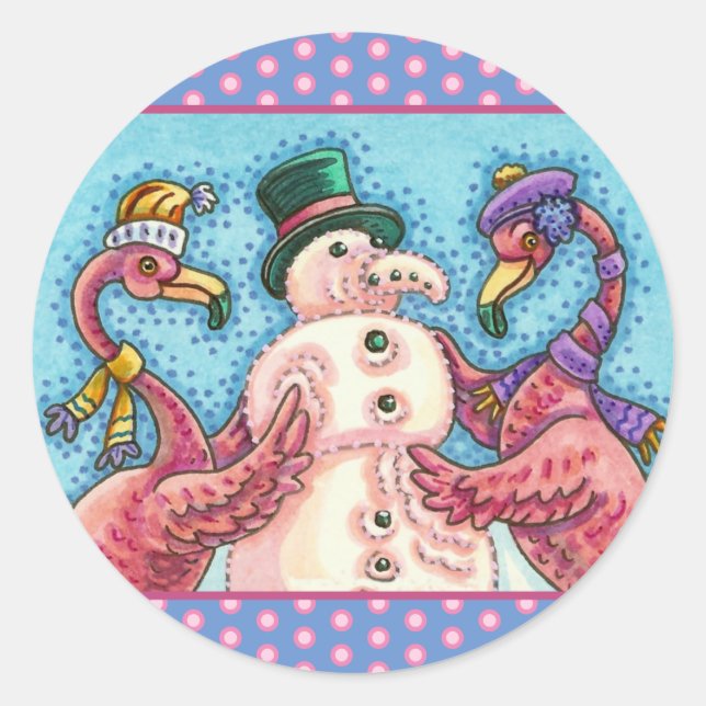 PINK FLAMINGOS MAKE SNOWMAN, FUNNY CHRISTMAS BIRDS CLASSIC ROUND STICKER (Front)