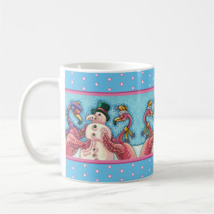 PINK FLAMINGOS MAKE SNOWMAN, FUNNY CHRISTMAS BIRDS COFFEE MUG