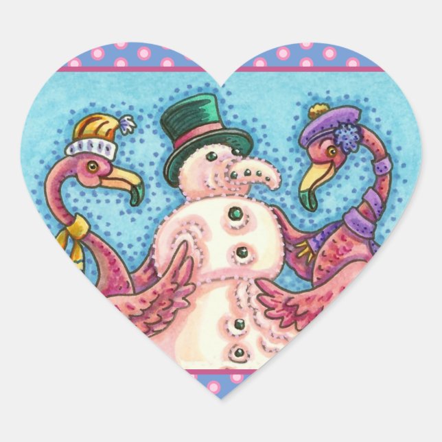 PINK FLAMINGOS MAKE SNOWMAN, FUNNY CHRISTMAS BIRDS HEART STICKER (Front)