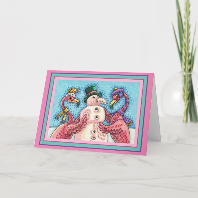 PINK FLAMINGOS MAKE SNOWMAN, FUNNY CHRISTMAS BIRDS HOLIDAY CARD (Front)