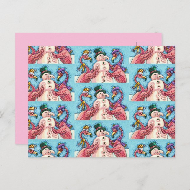 PINK FLAMINGOS MAKE SNOWMAN, FUNNY CHRISTMAS BIRDS HOLIDAY POSTCARD (Front/Back)