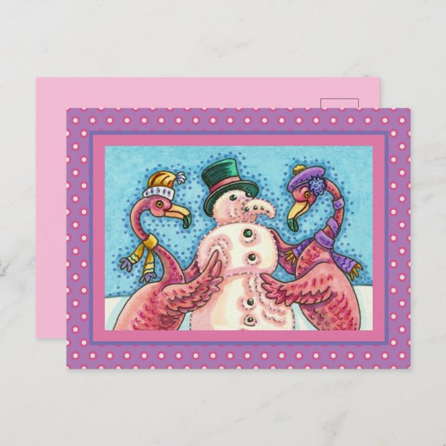 PINK FLAMINGOS MAKE SNOWMAN, FUNNY CHRISTMAS BIRDS HOLIDAY POSTCARD (Front/Back)