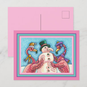 PINK FLAMINGOS MAKE SNOWMAN, FUNNY CHRISTMAS BIRDS HOLIDAY POSTCARD