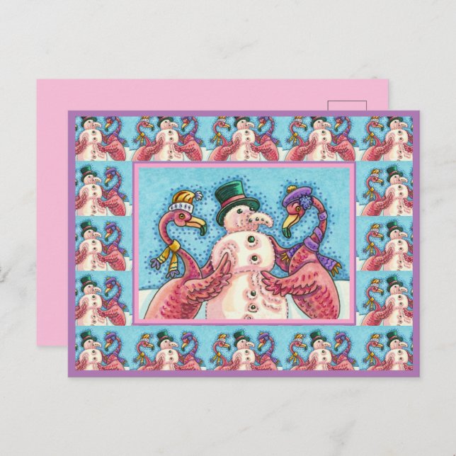 PINK FLAMINGOS MAKE SNOWMAN, FUNNY CHRISTMAS BIRDS HOLIDAY POSTCARD (Front/Back)