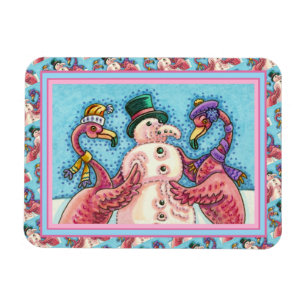 PINK FLAMINGOS MAKE SNOWMAN, FUNNY CHRISTMAS BIRDS MAGNET