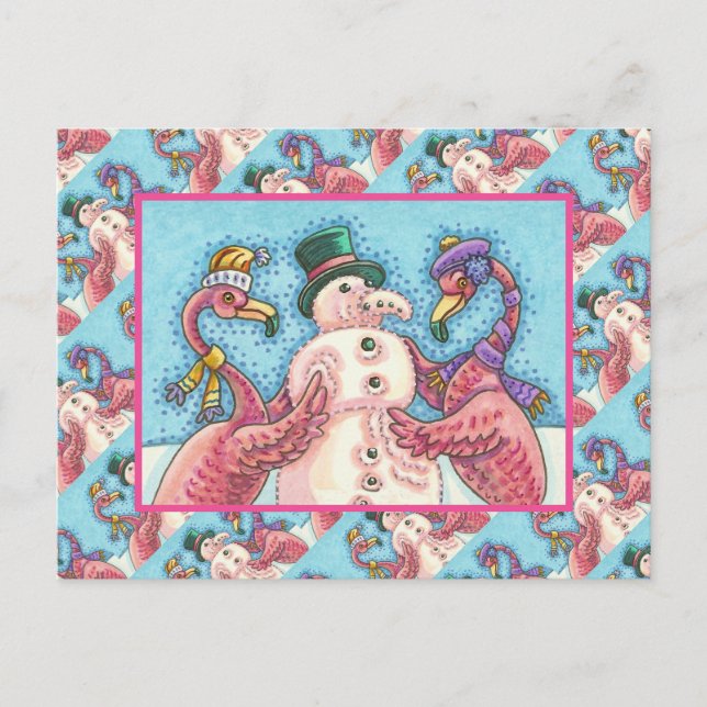 PINK FLAMINGOS MAKE SNOWMAN, FUNNY CHRISTMAS BIRDS POSTCARD (Front)