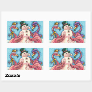 PINK FLAMINGOS MAKE SNOWMAN, FUNNY CHRISTMAS BIRDS RECTANGULAR STICKER