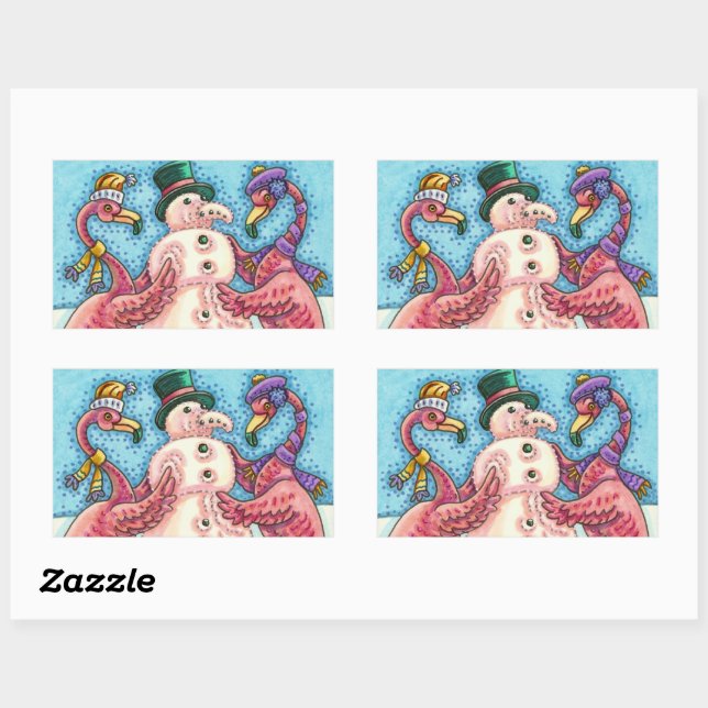 PINK FLAMINGOS MAKE SNOWMAN, FUNNY CHRISTMAS BIRDS RECTANGULAR STICKER (Sheet)