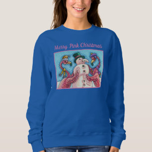 PINK FLAMINGOS MAKE SNOWMAN, FUNNY CHRISTMAS BIRDS SWEATSHIRT