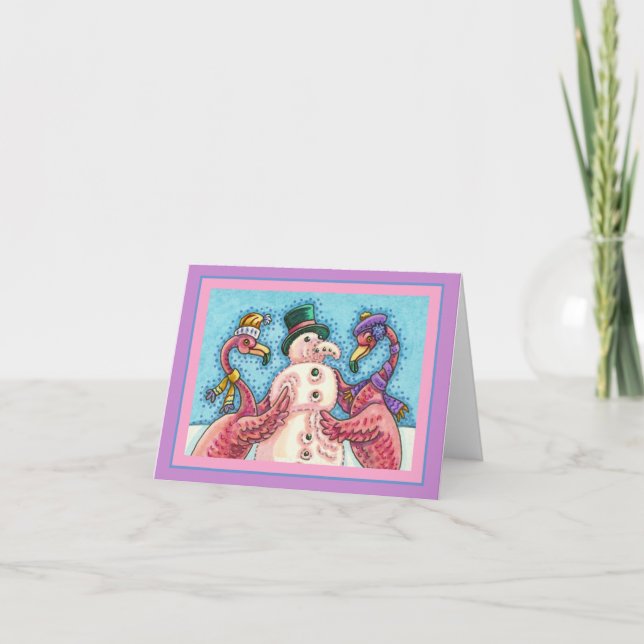 PINK FLAMINGOS MAKE SNOWMAN, FUNNY CHRISTMAS Blank Card (Front)