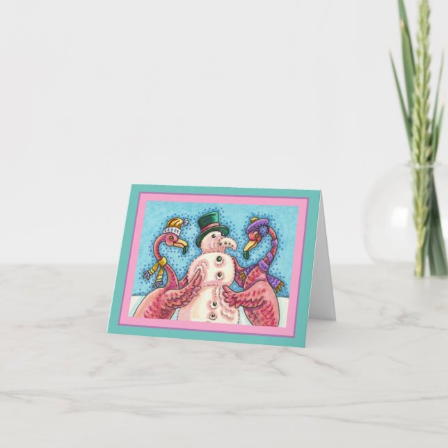 PINK FLAMINGOS MAKE SNOWMAN, FUNNY CHRISTMAS Blank Card (Front)