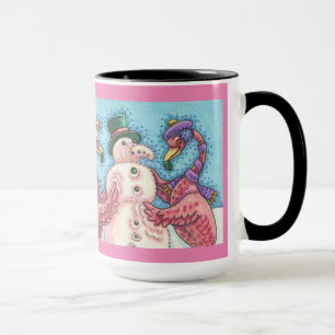 Pink Flamingos Making Snowman CHRISTMAS MUG Large