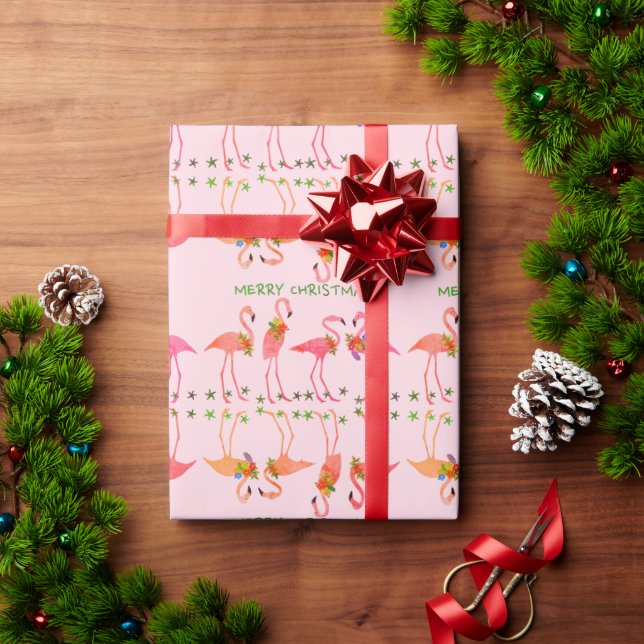 Pink Flamingos Merry Christmas Pattern Wrapping Paper (Holiday Gift)