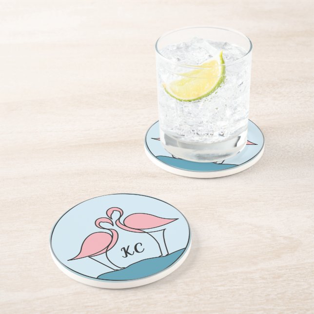 Pink Flamingos Monogram Art, or Photo Sandstone Coaster (Side)