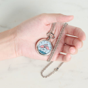 Pink Flamingos Monogram Silver Necklace Watch