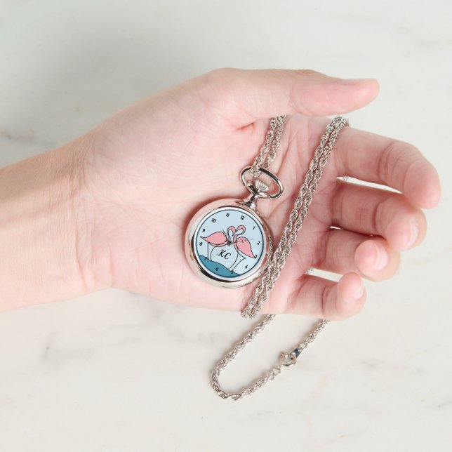 Pink Flamingos Monogram Silver Necklace Watch (Hand)