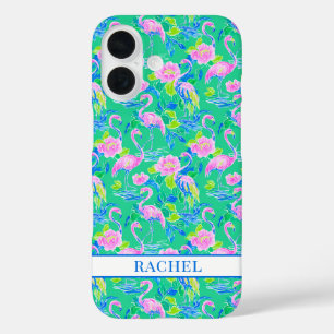 Pink Flamingos Monogrammed iPhone 16 Case