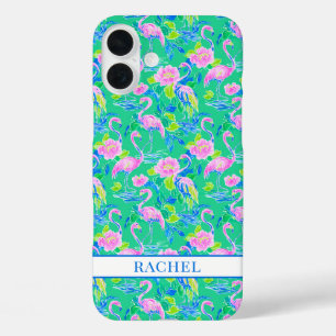 Pink Flamingos Monogrammed iPhone 16 Plus Case