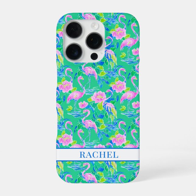 Pink Flamingos Monogrammed iPhone Case (Back)