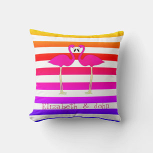 Pink Flamingos Ombre Stripes Personalised Cushion