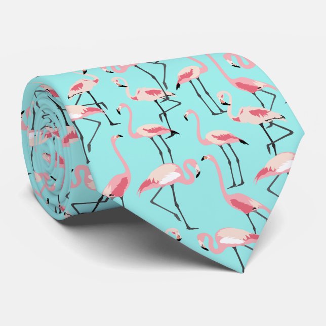 Pink Flamingos on Aqua Blue Tie (Rolled)