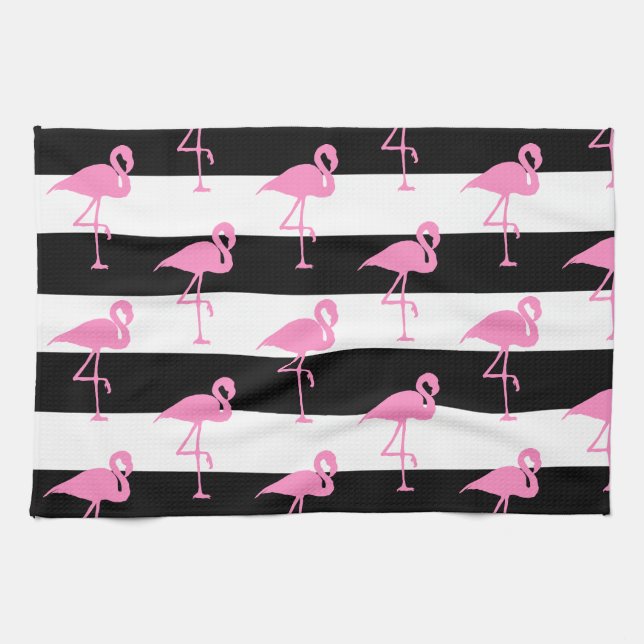 Pink Flamingos on Black and White Stripes Tea Towel (Horizontal)