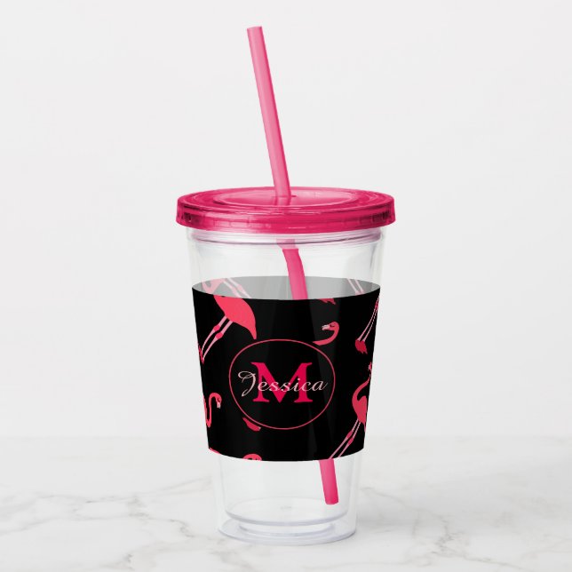 Pink Flamingos on Black Personalised  Acrylic Tumbler (Left)