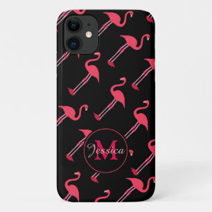 Pink Flamingos on Black Personalised iPhone 11 Case