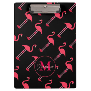 Pink Flamingos on Black Personalised Clipboard