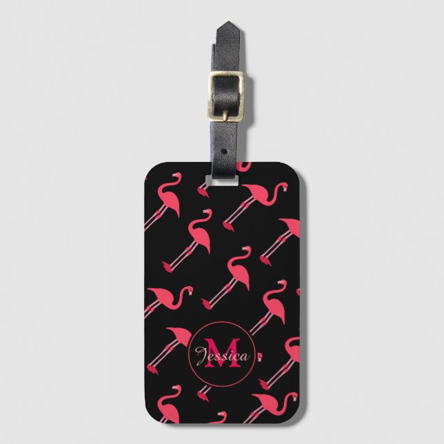 Pink Flamingos on Black Personalised Luggage Tag (Front Vertical)