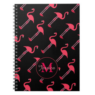 Pink Flamingos on Black Personalised Notebook