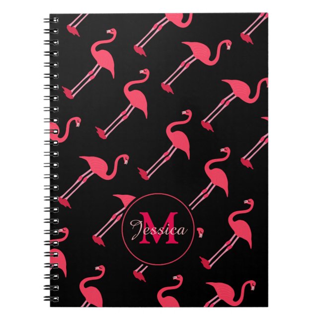 Pink Flamingos on Black Personalised Notebook (Front)