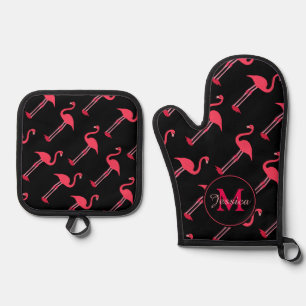 Pink Flamingos on Black Personalised Oven Mitt & Pot Holder Set