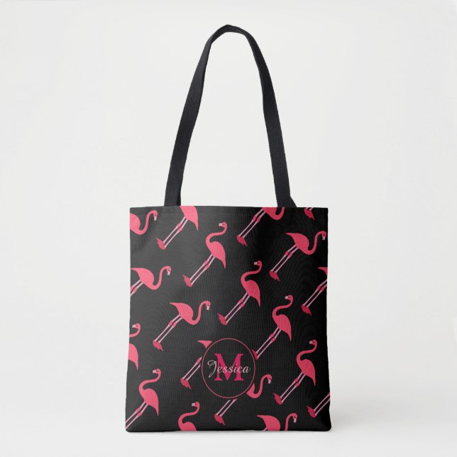 Pink Flamingos on Black Personalised Tote Bag (Front)