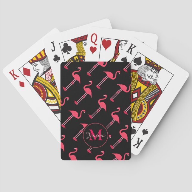 Pink Flamingos on Black Playing Cards (Back)