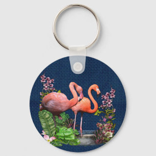 Pink Flamingos on Classic Blue Fabric Key Ring