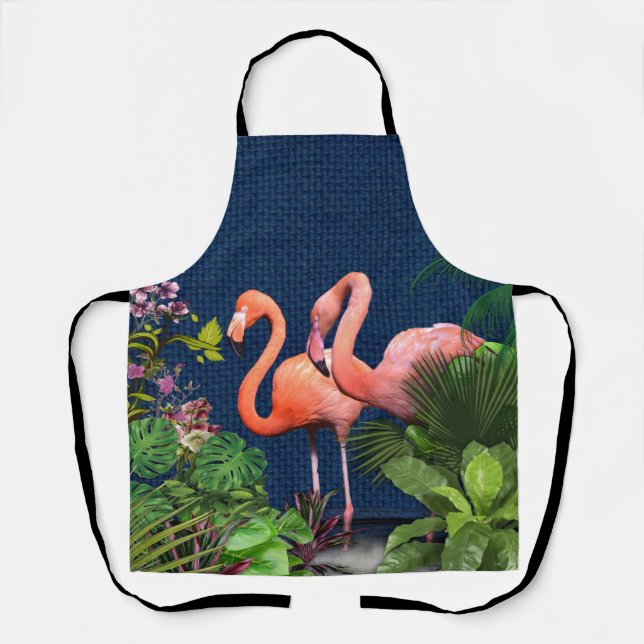 Pink Flamingos on Classic blue & Green All-Over-Pr Apron (Front)