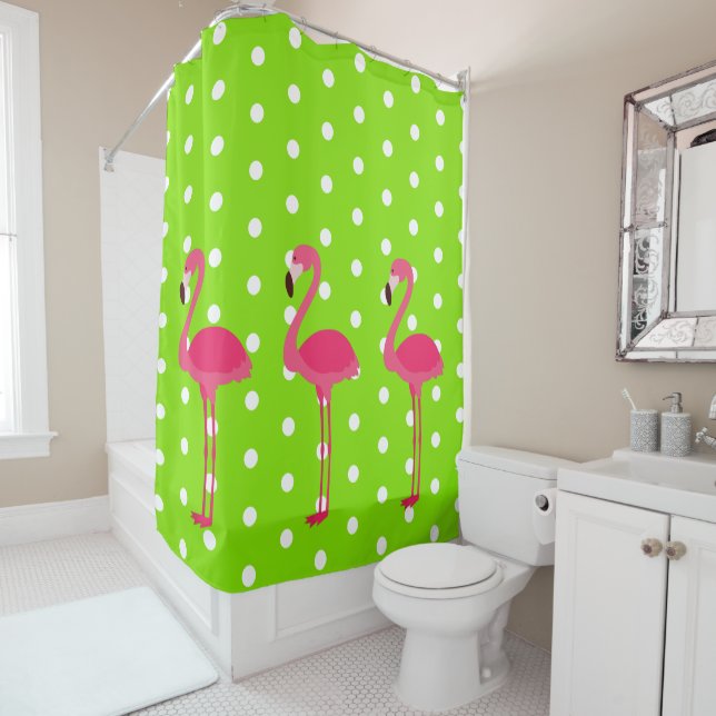 Pink Flamingos on Green and White Polka Dots Shower Curtain (In Situ)
