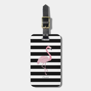 Pink Flamingos On Stripes- Personalised Luggage Tag