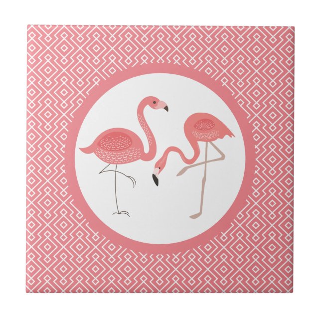 Pink Flamingos On White & Pink Geometric Pattern Ceramic Tile (Front)