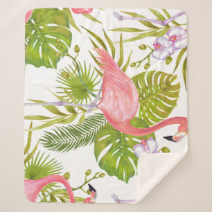 Pink flamingos, orchids: watercolor pattern. sherpa blanket