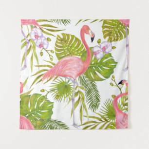 Pink flamingos, orchids: watercolor pattern. tapestry