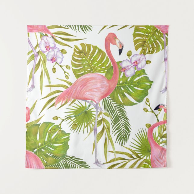 Pink flamingos, orchids: watercolor pattern. tapestry (Front)