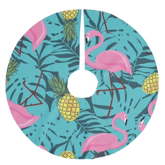 Pink Flamingos Palm: Exotic Hawaii Brushed Polyester Tree Skirt (Front)