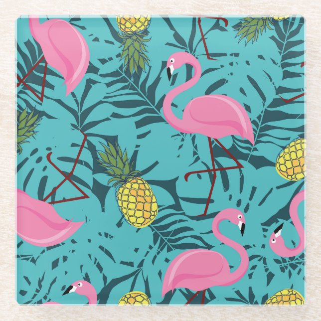 Pink Flamingos Palm: Exotic Hawaii Glass Coaster (Front)