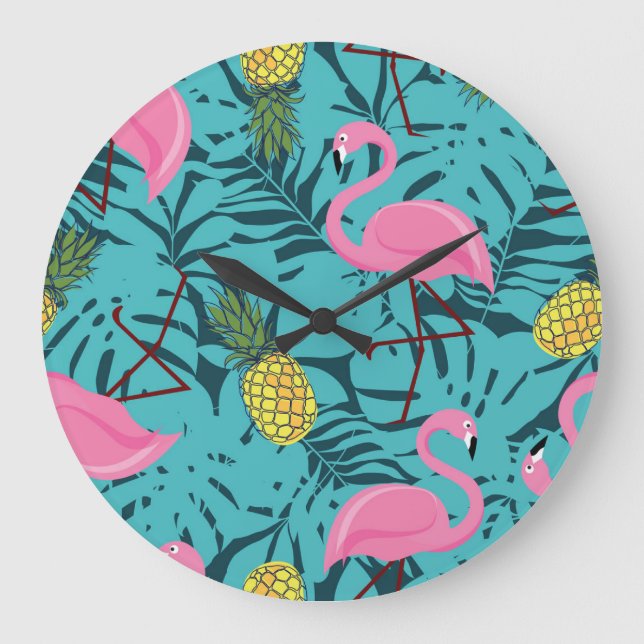 Pink Flamingos Palm: Exotic Hawaii Large Clock (Front)