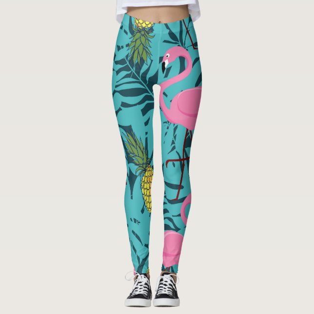 Pink Flamingos Palm: Exotic Hawaii Leggings (Front)